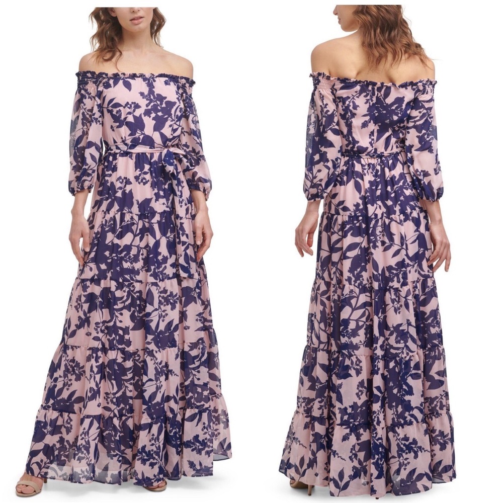 NEW Eliza J Pink Navy Floral Square Neck Off Shoulder Ruffle Maxi Dress 0